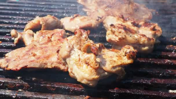 Gegrilde Varkensvlees Steaks Brandende Kolen Een Barbecue Grill Vlammen Rook — Stockvideo
