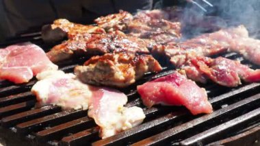 Izgarada ızgara ızgarada ızgara, alevler ve duman içinde ızgara etli domuz eti. Izgara sulu biftek piknik kutlaması için hazır. Barbekü ızgarası