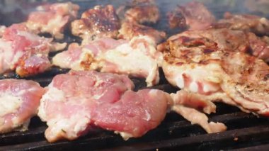 Izgarada ızgara ızgarada ızgara, alevler ve duman içinde ızgara etli domuz eti. Izgara sulu biftek piknik kutlaması için hazır. Barbekü ızgarası