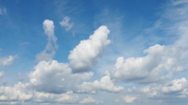 Zaman kümülü, Cirrostratus ve Stratocumulus Sc bulutları mavi gökyüzüne karşı. Bulutluluk gittikçe azalıyor ve hızlanıyor. Meteoroloji ve hava tahmini. İklim değişikliği. Fırtına rüzgarı zaman ayarlı