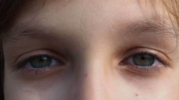 少女白种人金发9岁 面对特写 专注于眼睛 孩子们灰色的绿色眼睛的凝视 健康的晒黑的皮肤 积极的情绪 没有化妆的友善的脸 镜头广告 — 图库视频影像