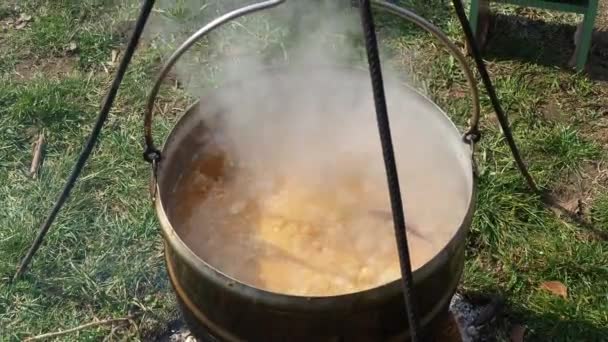 用熏肉排骨和肉烹调传统的塞尔维亚巴尔干菜泡菜 大缸铁制大锅 美味的食物在煤块上咕噜咕噜做饭 蔬菜与肉一起在火上烹调 — 图库视频影像
