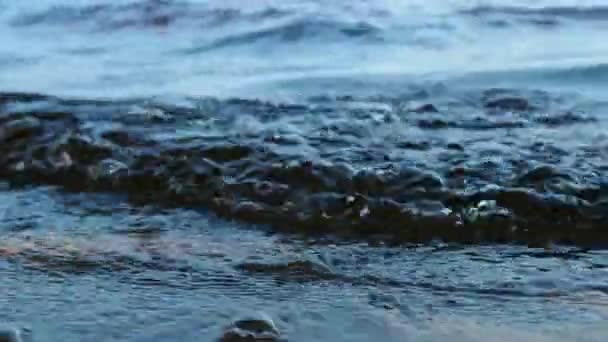 Wellen Krachen Zur Blauen Stunde Abend Auf Das Sandige Ufer — Stockvideo