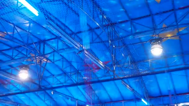 導電性天井から電力を供給するポールマウントコンタクトシューズを搭載したバンパーカー ミラーボールやディスコボール 多くのフラットミラーで覆われた球 ライトスポットとネオンランプ ドッド ジェム — ストック動画