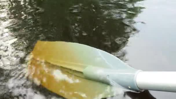 桨的特殊装置的推进形式是一把狭窄的铲子 用来通过划船推动船只前进 这是杠杆的原理 在卡累利阿的洛索诺伊湖上钓鱼 桨掉到水里去了 — 图库视频影像