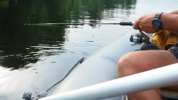 Amateur Summer Fishing Fisherman Hairy Legs Arms Sitting Boat Hooks — Stock Video