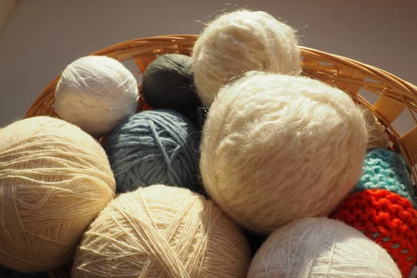 White Beige Blue Woolen Acrylic Threads Wound Ball Skein Several — Foto de Stock