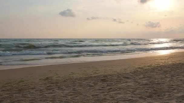 Ondas Calmas Rolam Sobre Costa Arenosa Pôr Sol Resplendor Mar — Vídeo de Stock
