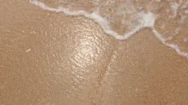 L'eau de mer transparente se précipite avec de la mousse sur le sable chaud. Pure substance minérale quartz dioxyde de silicium. Le sable est une roche sédimentaire lâche. Eau cristalline sur la plage. Vagues laver le sable sur la côte