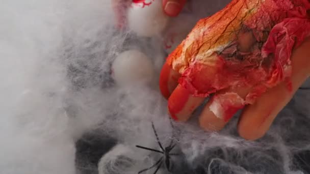 Monsters Bloody Hand Peeling Skin Collects Rearranges Hides Several Gouged — Stock Video