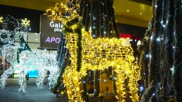 Sremska Mitrovica Serbia Deer Glowing Night 新年快乐圣诞装饰银白色的金黄色燃烧灯泡 波凯摇曳着灯泡的花环 — 图库视频影像