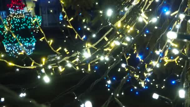 Nieuwjaar Gloeiende Gouden Bloemenslingers Hangen Boven Kerstboom Buiten Winterdecoratie Feestelijke — Stockvideo