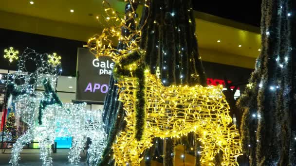 スレムスカ ミトロヴィツァ セルビア ディアは夜に輝いている 銀色の黄金の燃える球根が付いている幸せな新年のクリスマスの装飾 明るい電球 ガーランド 冬季休業について — ストック動画