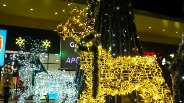 Sremska Mitrovica Serbia Deer Glowing Night 新年快乐圣诞装饰银白色的金黄色燃烧灯泡 波凯摇曳着灯泡的花环 — 图库视频影像
