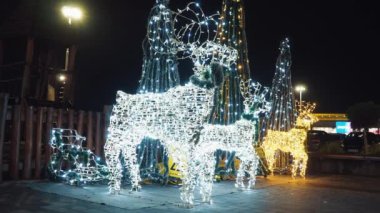 Sırbistan 'ın Sremska Mitrovica kenti, gece parlayan 12.07.23 Geyik. Gümüş sarısı altın sarısı ampullü yeni yıl süslemeleri kutlu olsun. Bokeh yanıp sönen ampuller çelenkler. Kış tatili.