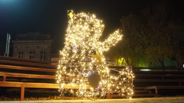 体型细小的建筑带有凸起的爪子 由金属结构和花环制成 灯泡以泰迪熊或小熊维尼的形状发光 圣诞夜晚街道和广场的装饰 — 图库视频影像