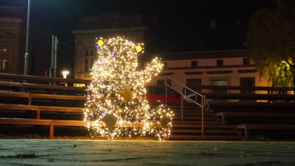 小さな建築形態のクマは 金属構造とガーランドで作られた上げられた足を持ちます 光の球根はテディベアかプーのウィニーの形で光ります 通りと広場のクリスマスの夜の装飾 — ストック動画
