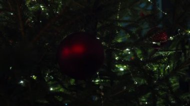 Noel ağacı süslemeleri. Kırmızı cam mücevher. Mutlu yıllar Noel ağacı. Dalda güzel bir top. Kış tatilinde aile tatili için bir sürü yanıp sönen ampul. Festival havası. Noel.