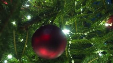 Noel ağacı süslemeleri. Kırmızı cam mücevher. Mutlu yıllar Noel ağacı. Dalda güzel bir top. Kış tatilinde aile tatili için bir sürü yanıp sönen ampul. Festival havası. Noel.