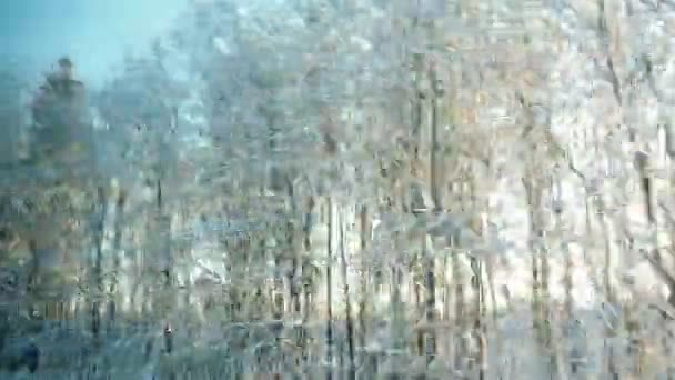 冬天的火车旅行变成了一个雪白的童话 从一辆移动的汽车的窗户向覆盖着积雪的针叶林望去 白雪覆盖下的雪地 云杉和松树 火车站 — 图库视频影像