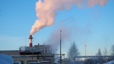 Fabrika bacasından duman çıkıyor. Ekolojik kirlilik. Hava emisyonları ormanı kirletiyor. Endüstriyel atıklar Sanayi metalürjik bitki emisyonları. Sis ve kötü ekoloji. CHP 'nin kışın merkezi ısıtması