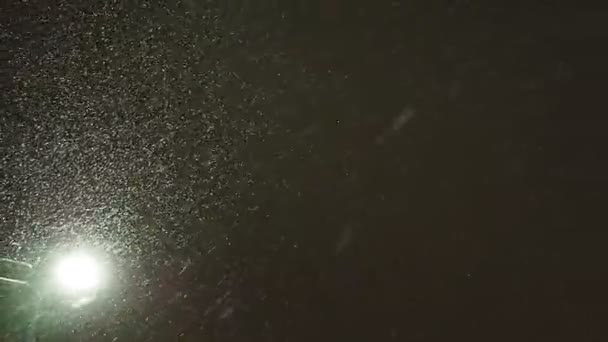 Schneefalllaterne Weiße Schneeflocken Fallen Von Oben Nach Unten Schwarzer Winternachthimmel — Stockvideo