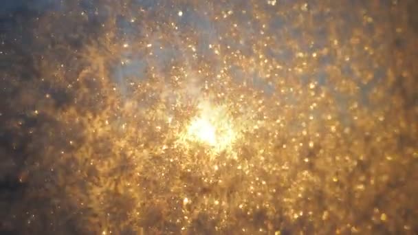玻璃窗上的结霜现象是由于玻璃窗上的水蒸气在零度以下冷凝而产生的 卷曲和水晶 清晨黄橙低冬日在地平线上 — 图库视频影像