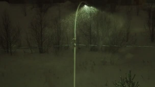 北方的雪夜 雪花在路灯下飞舞 气候变化 暴雪和暴风雪 雪在旋转着 风刮来了 冷风城市照明 — 图库视频影像