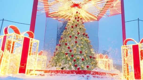 Architectural Forms Form Luminous Christmas Tree Gift Boxes Big Bows — Stock Video