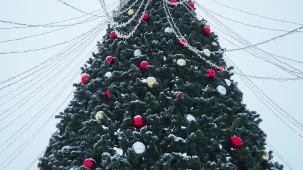 Stor Nyår Julgran Med Guld Silver Och Röda Dekorativa Bollar — Stockvideo