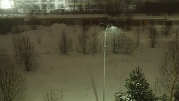 Notte Nevosa Nel Nord Inverno Fiocchi Neve Volano Sotto Lampione — Video Stock