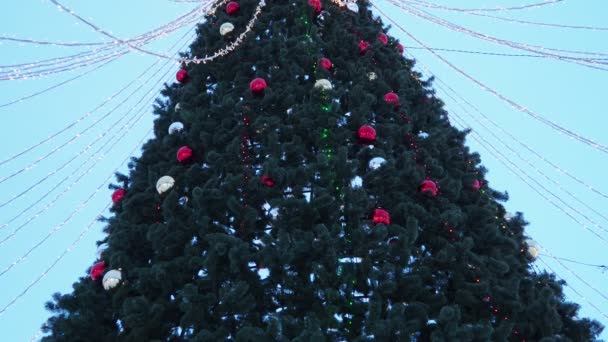Velký Novoroční Vánoční Stromek Zlatými Stříbrně Červenými Ozdobnými Koulemi Věnec — Stock video