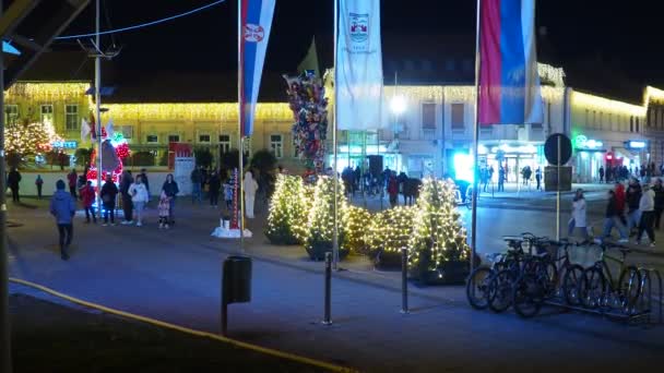 Sremska Mitrovica 세르비아 크리스마스와 마을의 사람들은 분위기를 즐기고 있습니다 — 비디오