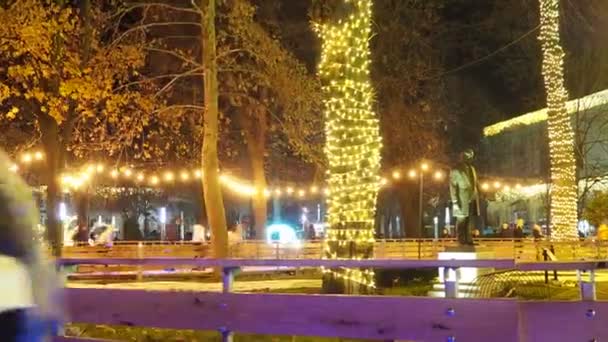 セルビアのスレムスカ ミトロヴィツァ 2023年12月25日 シティアイスケートリンク 子供と大人は冬の夜の楽しみと喜びでスケートを楽しんでいます 学校の休日について クリスマスと年末年始 多くの人々 — ストック動画