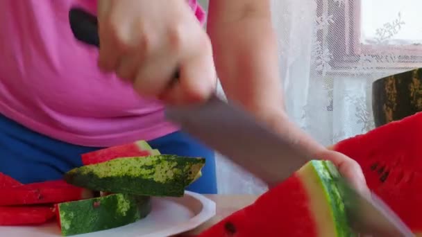 Las Manos Femeninas Cortan Rebanadas Jugosas Frescas Sandía Watermelon Citrullus — Vídeos de Stock