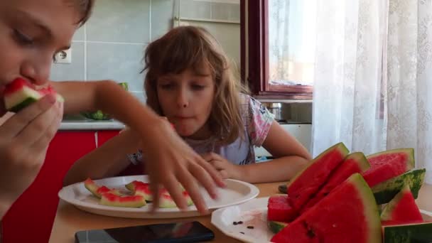 Jongen Meisje Jaar Oud Kaukasisch Eten Watermeloen Keuken Aan Tafel — Stockvideo