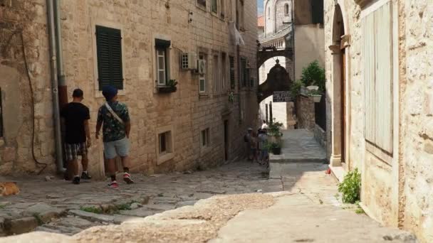 Kotor Montenegró 2022 Augusztus Turisták Körbejárják Óvárost Ősi Kőfalak Járdák — Stock videók