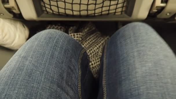 Pernas Femininas Calças Jeans Espaço Estreito Entre Assentos Avião Classe — Vídeo de Stock
