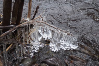 Buz katı bir kümelenme halindeki sudur. Suyun yakınındaki ağaç dallarında buz sarkıtları ve sarkıtlar. Bahar baskını. Su, bir kristal modifikasyonunun kristallerini oluşturur - altıgen sistem.