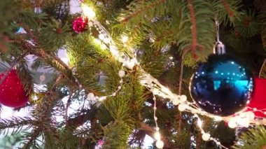 Renkli Noel süslemeleri bir ladin ağacının dallarını süslüyor, kışın kırmızı, mavi, altın ve pembe tonlarında canlı toplar. Yeni yılın kutlu olsun. Çelenkler ve süslemeler