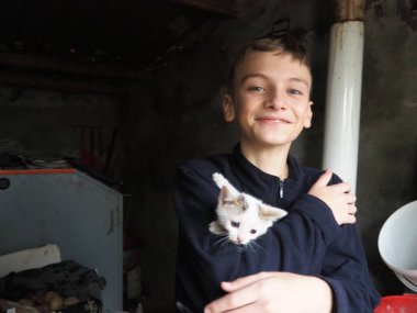 Beyaz bir kedi yavrusu, neşeli bir şekilde bir çocuğun elleriyle etkileşime girer ve neşeli davranışlar sergiler. İçerideki sıcak ortam, kahkaha ve eğlenceyle dolu bu hoş anın sıcaklığını arttırıyor. İki kedi..