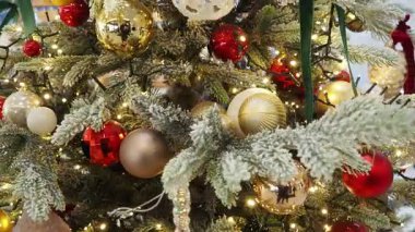 Altın ve kırmızı süslemelerle süslenmiş güzel bir Noel ağacı ılık ışıklarla hafifçe parlar. Festival dekorasyonları tatil sezonu için mükemmel bir ortam yaratıyor. Dönen Noel ağacı