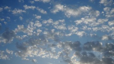 Altocumulus high cumulus ile gerçek zamanlı video üst üste yığılmış bulut stratosumuliform. Küresel kütleler ya da yamalar halinde yuvarlanıyorlar. Cumuliform stratocumuliform bulutları altocumulus konveksiyon anlamına gelir. Mavi akşam gökyüzü.