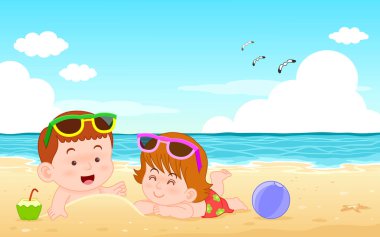 Yaz tatili aktivitelerinin plajında ve denizinde yatan erkek ve kız vektör illüstrasyonu dizaynınız için sevimli çizgi film karakteri.