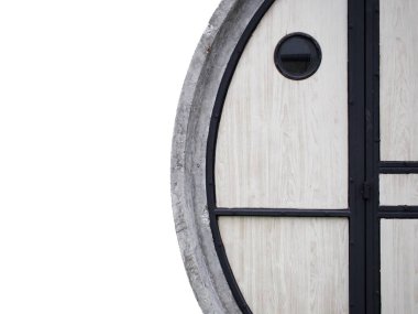 Eğri duvar dairesi beton duvar dekorasyonu beyaz tahta, yapı siyah çelik, dairesel pencere çerçeve siyah çelik ve siyah cam dekoratif tasarım için beyaz arka planda izole edilmiş..