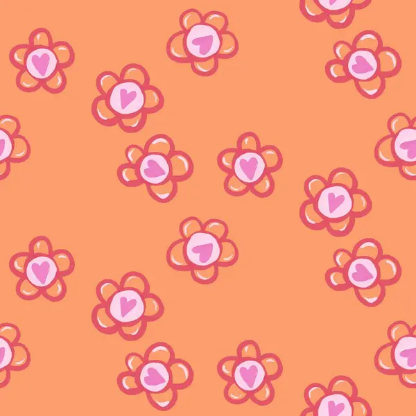 Valentine, pembe kalpler ve papatya çiçekleri olan şirin, pürüzsüz desenleri sever. Orijinal çizim el, sıcak sarı turuncu arka planda modern, pürüzsüz desenler çizmiştir. Yüzey tasarımı kağıt ambalajı, tekstil, kumaş tasarımı, ev dekorasyonu