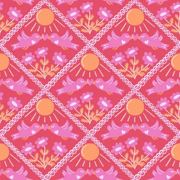 Modern halk sanatı Sevgililer Günü aşk kuşları dantelli elmas çerçevede parlayan güneş, pembe, kırmızı ve sarı renksiz özgün çizimler.