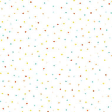 Beyaz arka planda konfeti. Yüzeyde rastgele sıralanmış farklı renklerdeki polka noktalarıyla şenliksiz vektör deseni. Hediye paketi, kumaş ve tekstil için ideal.