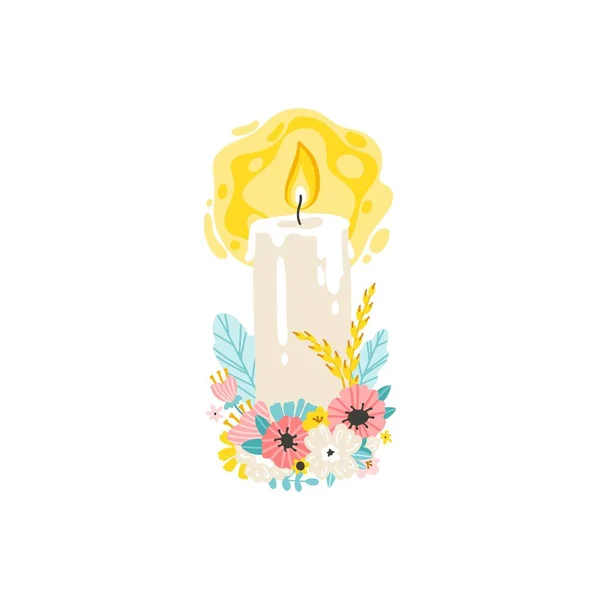 蜡烛插在有麦穗的花朵中 矢量图以简单的手绘方式绘制 在白色的背景上 用柔和的颜色进行分离 — 图库矢量图片