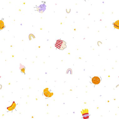 Tatlı ve fast food kusursuz desenli tatlı bir gülümseme. El çizimi çocuk çizgi filmi doodle kawaii karakteri. Saf bir şekilde çocuksu vektör çizimi. Kumaşlar, tekstil ve bebek kıyafetleri için mükemmel.